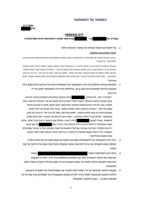 תיאור המקרה של סטודנט לתואר שני שזוכה מאשמה